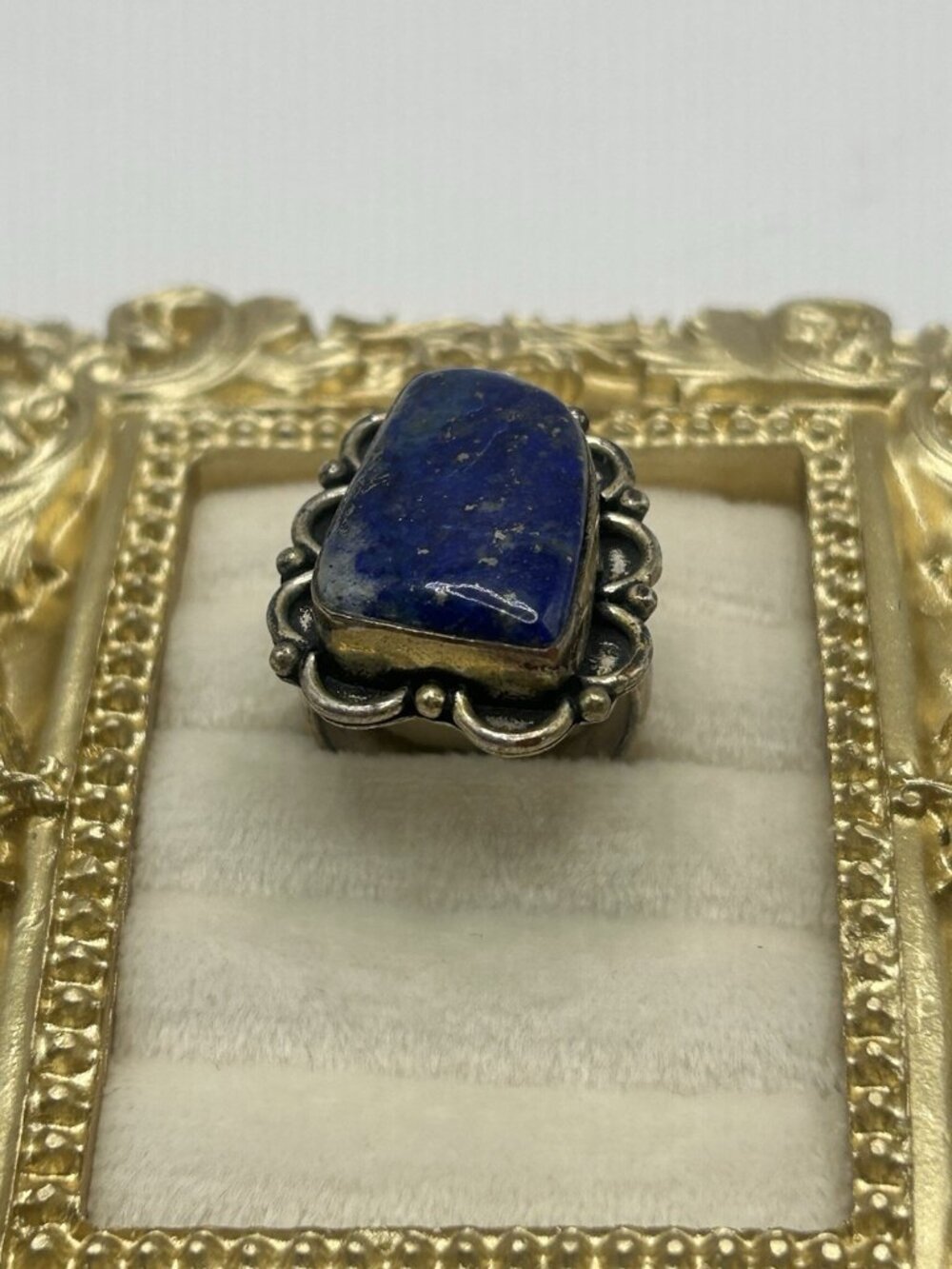 Vintage Lapis Lazuli Adjustable Ring Blue Stone Boho Statement Silver Tone Big - Picture 4 of 16